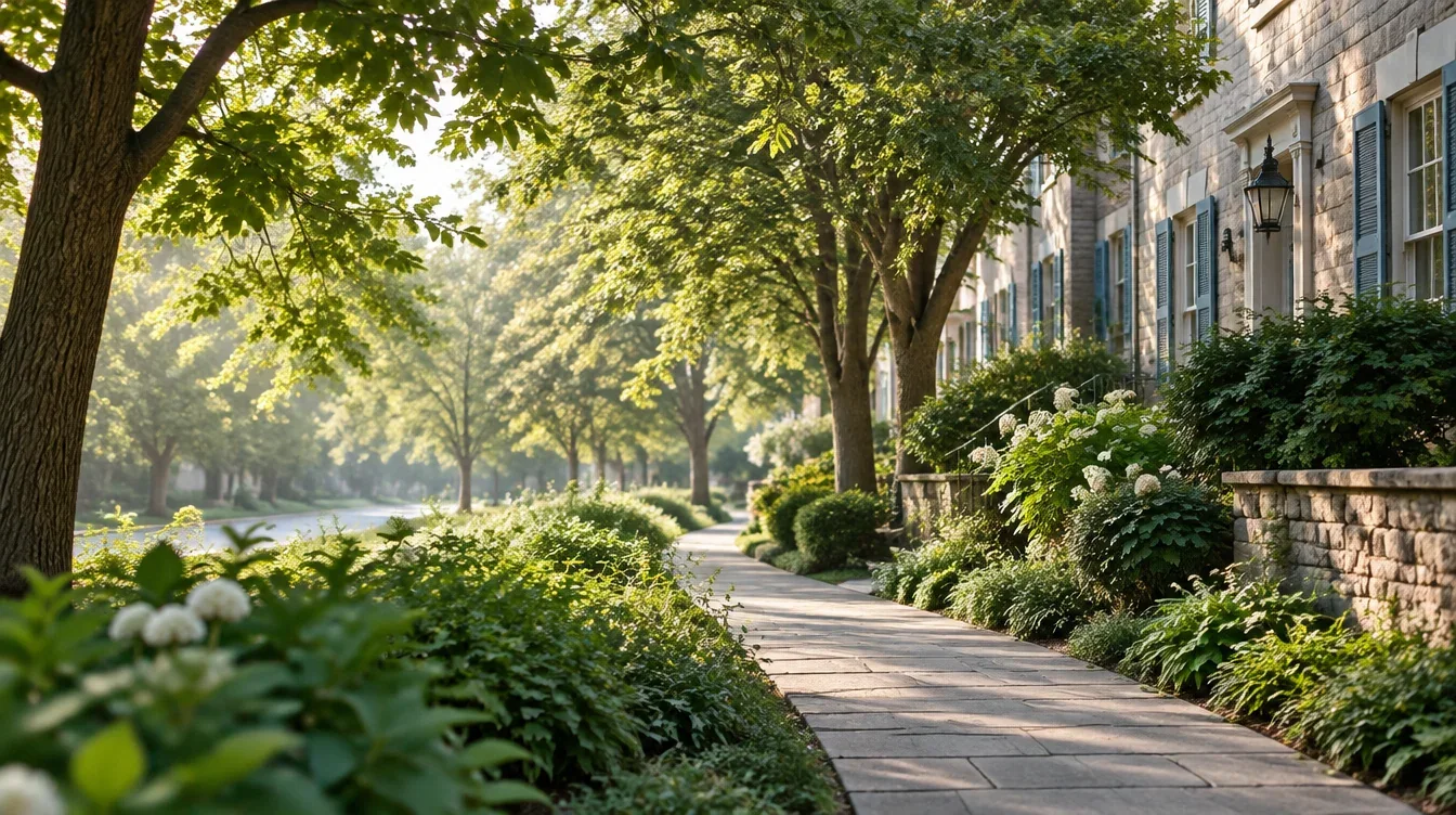 A quiet tree-lined path in morning sunlight.