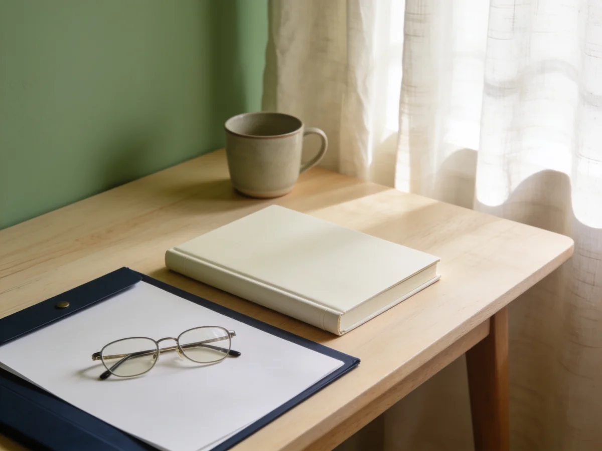 A notebook and reading glasses on a bright home workspace.