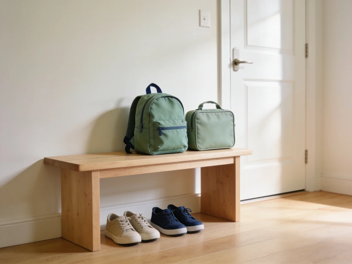 A child’s backpack and lunch bag on a sunlit entryway bench