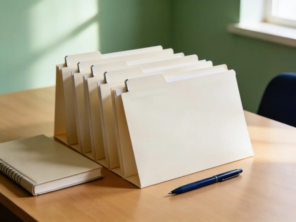 Organized folders and a notebook on a wooden desk