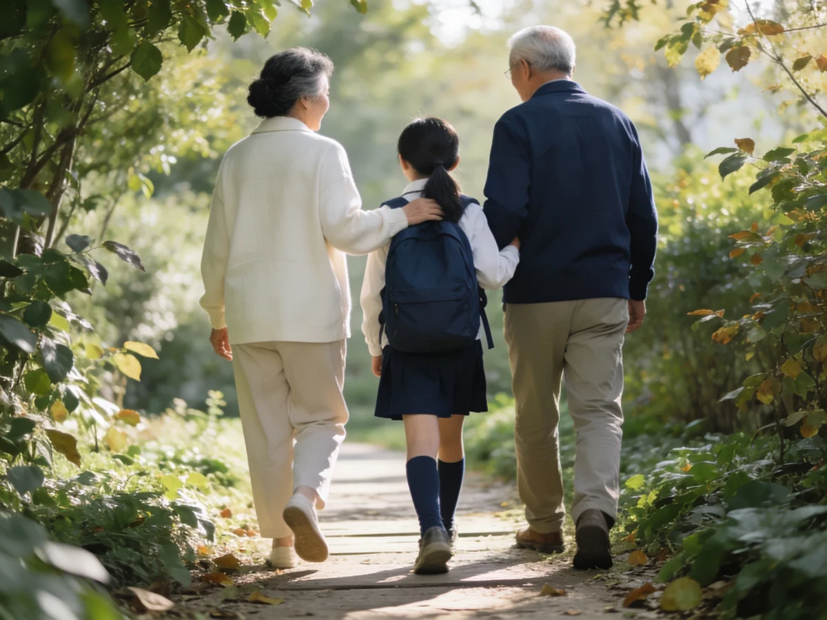 Grandparents walking with their grandchild along a garden path
