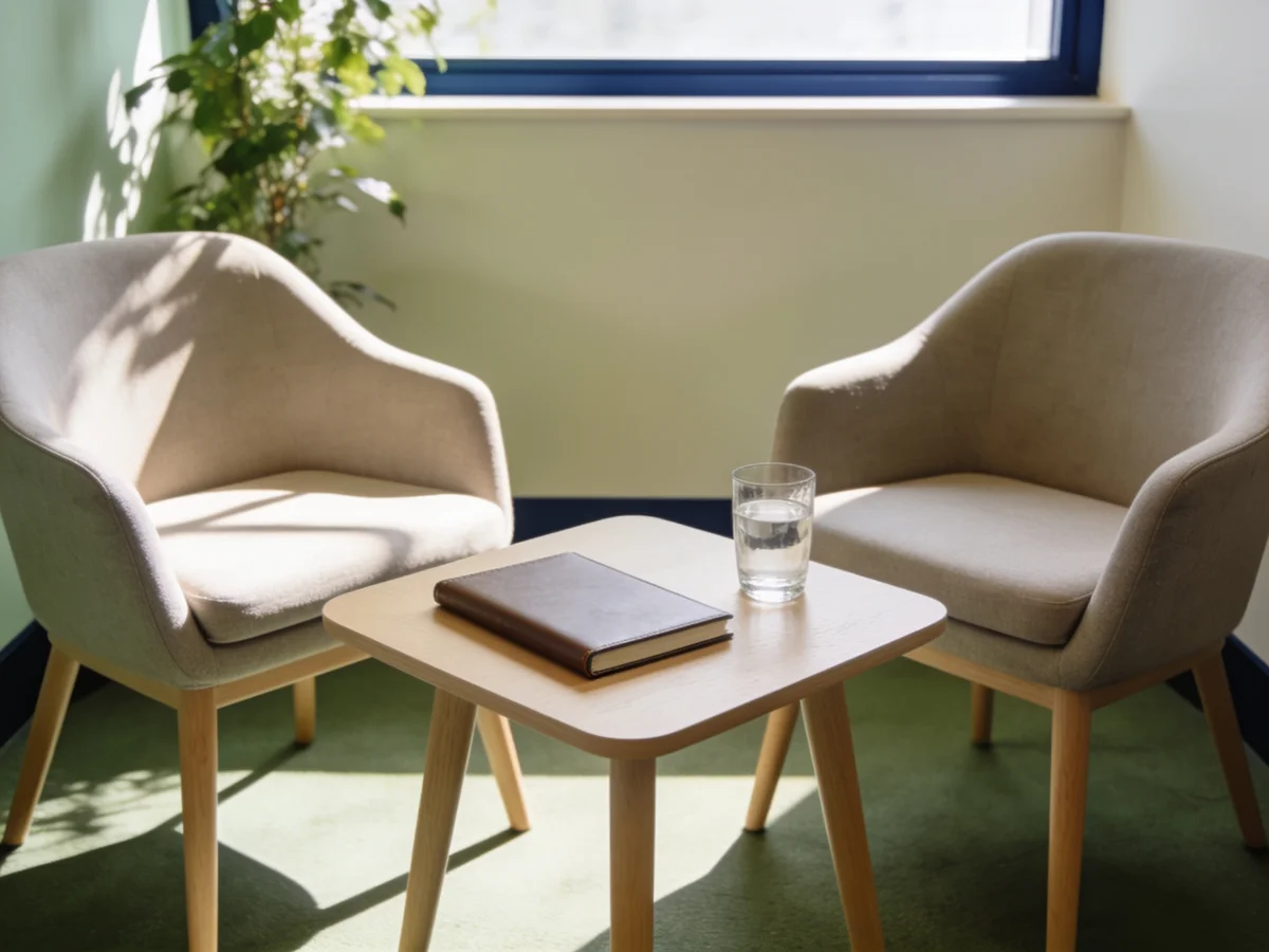A calm consultation room with two chairs and a small table