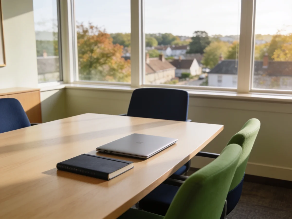 A bright meeting room with a notebook and laptop, overlooking a residential neighborhood.