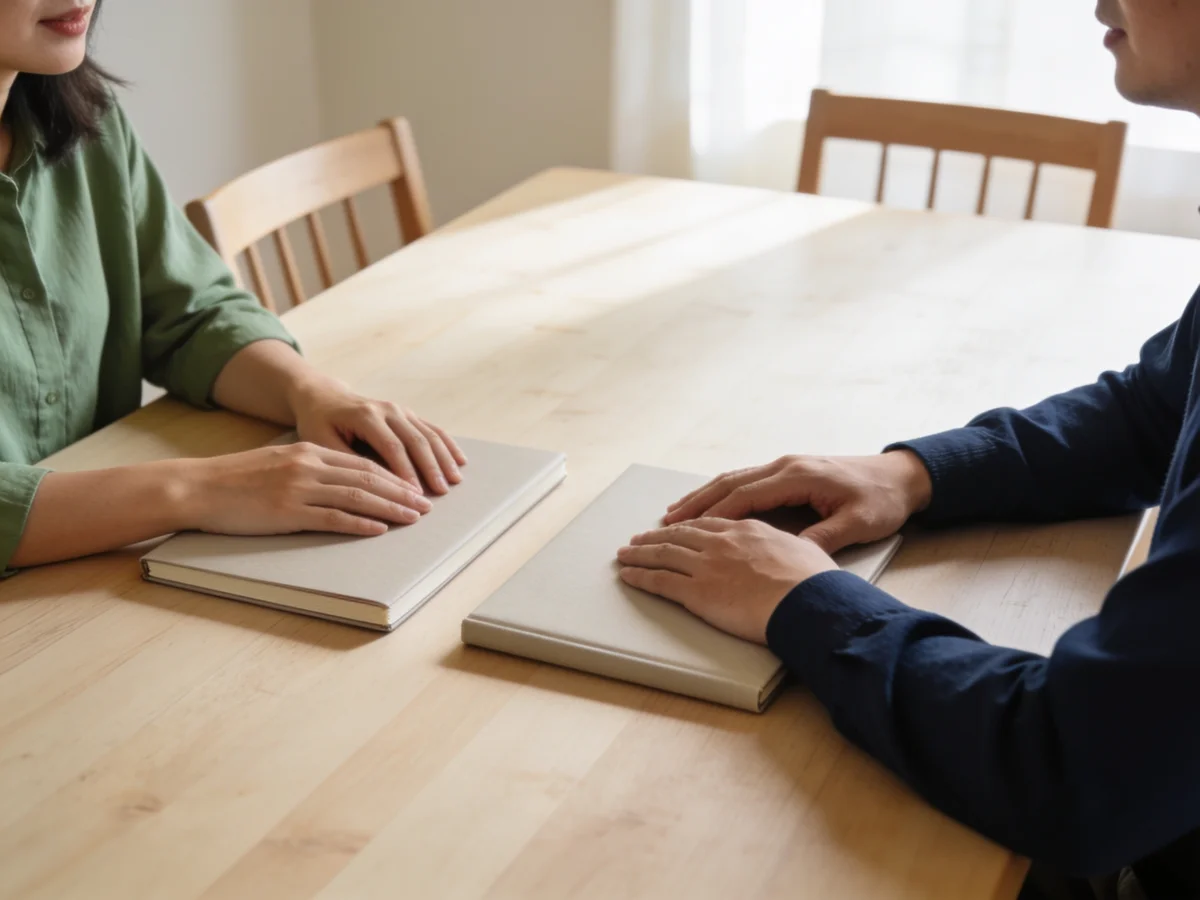 Two adults discussing their plans at a dining table
